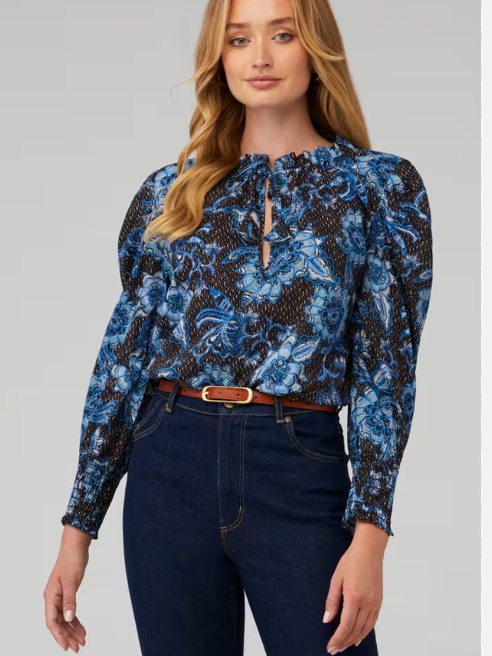 Misa Los Angeles Blue and Brown Floral Tie-Neck Long Sleeve Blouse